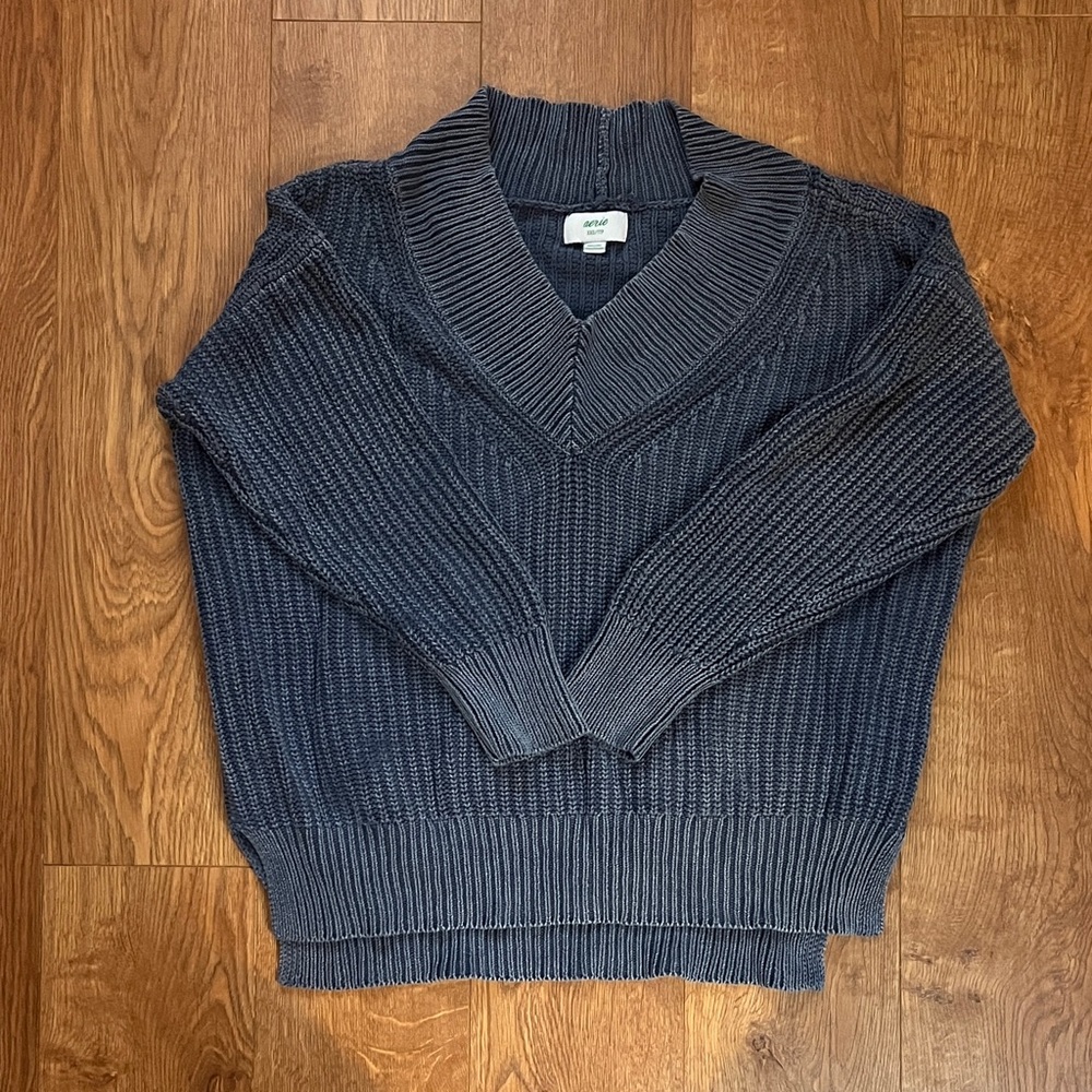Aerie Oversized V-Neck Dusty Blue Sweater